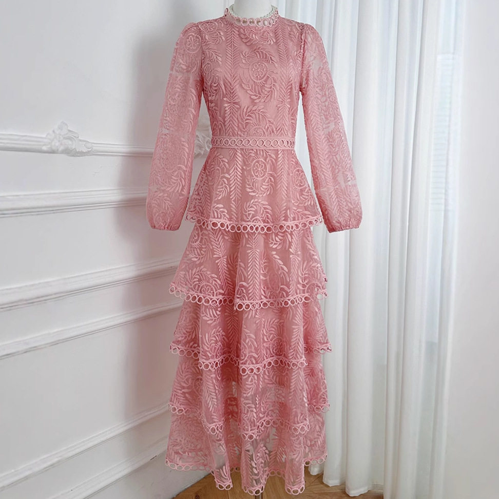 Elegant French Style Long Dress for Women High End Embroidery Ruffled Hem Waist Defined Perfect for Autumn Events