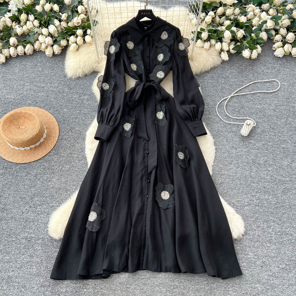 French High End Beaded Floral Long Sleeve Dress Slim Fit Waist Tie Button Closure Autumn Fashion for Women