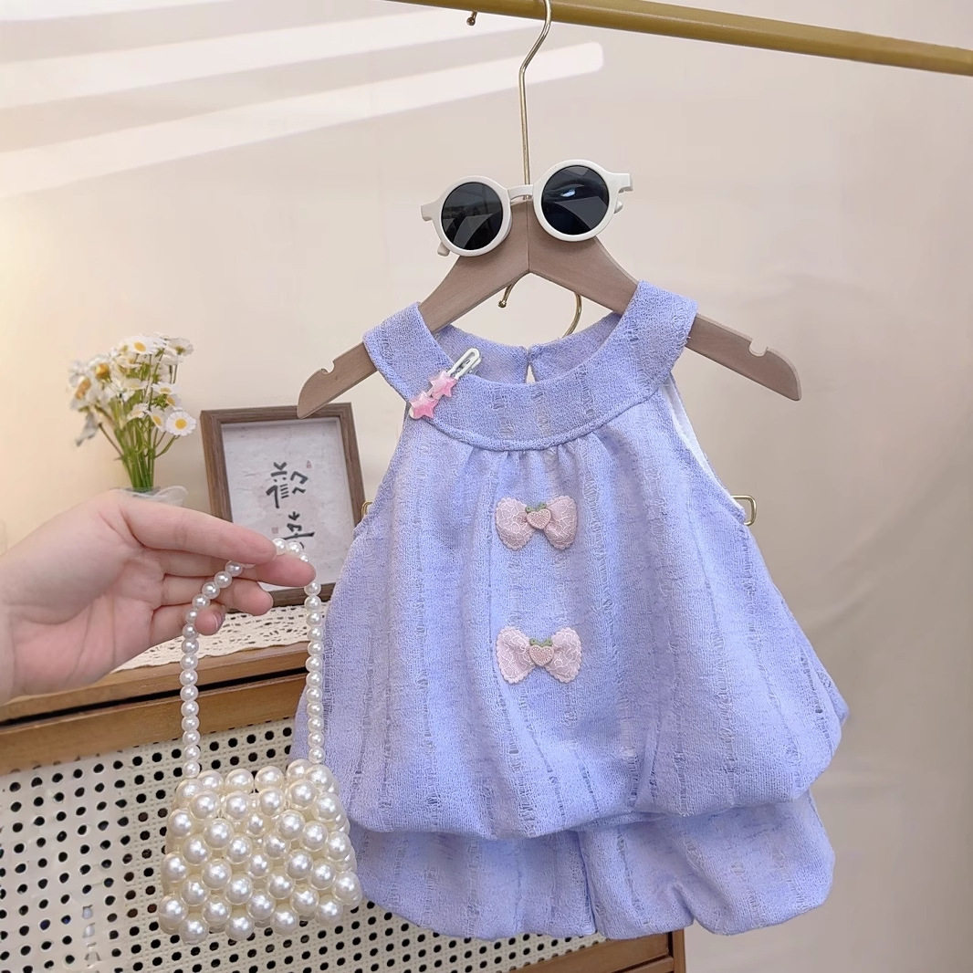 French Retro 3D Butterfly Decor Sleeveless Halter Top, Girls' Summer Designer Skirt Set with Floral Bag