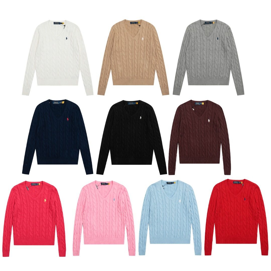 เสื้อกันหนาวแขนสั้นพร้อมรหัส QR ส่งออก เสื้อกันหนาว Rl รุ่นใหม่ ปักโลโก้โพนี่ ผ้าถักเกลียว แขนยาว สีพื้น คอวี ใส่ได้หลากหลาย สำหรับผู้หญิง