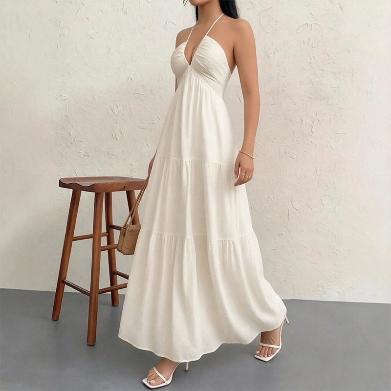 Summer Womens Maxi Dress Sexy Halter Neck Deep V Open Back Tied Design Vacation Style Wholesale Available