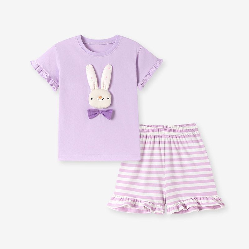 Cute Kids' Set, Summer Short-sleeve Girls' Outfit, Cartoon Striped Children's Clothing Wholesale