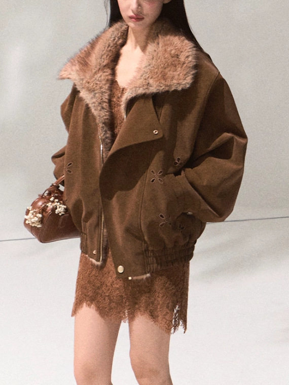 Oak and Hazelnut Winter Warm Jacket Women's Fur Collar Thick Short Jacket Lapel Top