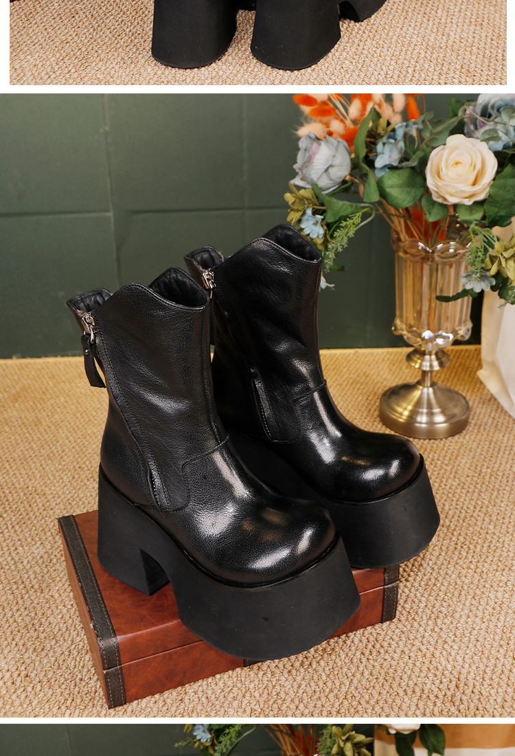 Boot nữ cổ cao da bò thật lót lông giữ ấm đế dày tôn dáng — màu đen
