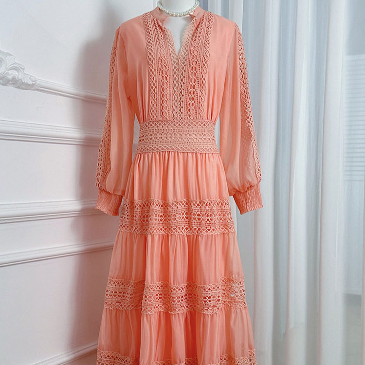 Elegant Womens Long Sleeve V Neck Dress French Lace Panel Ruffled Hem Waist Defined Autumn Fashion Wholesale