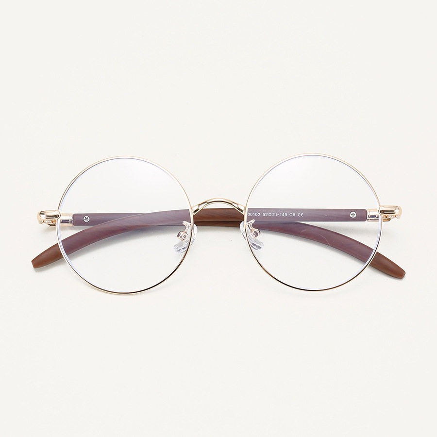 00102 Retro Japanese style metal large round glasses frame men's and women's myopia plain plain wood grain leg artistic glasses frame