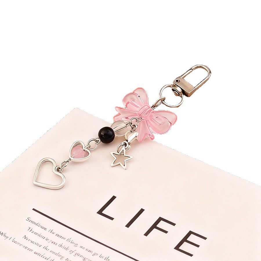 Korean Sweet and Cool Ins Bow Peach Heart Five-Pointed Star Pendant Keychain Girl Pink Mobile Phone Chain Bag Pendant