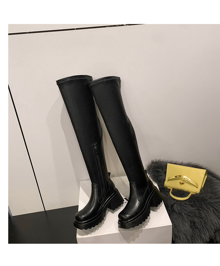 Boot nữ qua gối da bóng gót vuông 8cm cổ co giãn — Bọc ống to da bò, Chu vi ống lớn bằng da sáng chế, Ống tiêu chuẩn da bò, Ống tiêu chuẩn da sơn