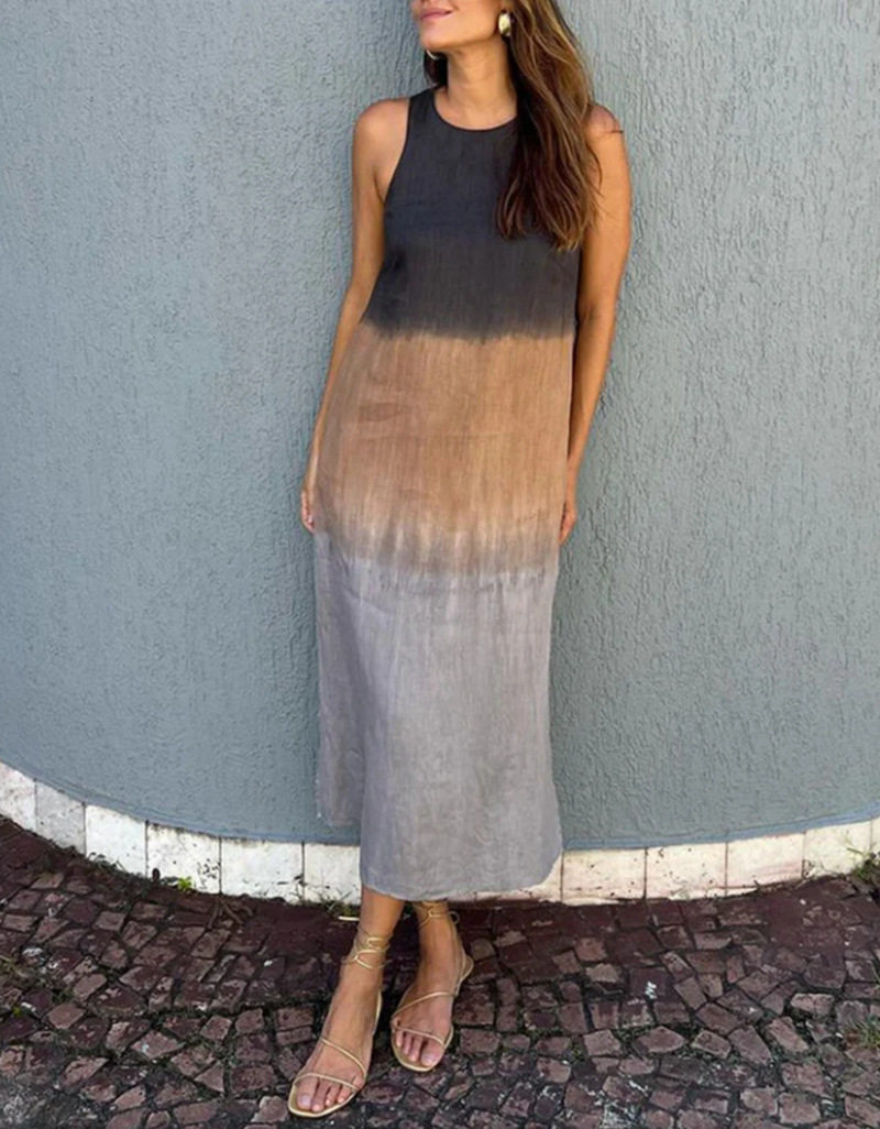 Summer Womens Sleeveless Color Block Printed Dress Loose Fit Round Neck Trendy Design Casual Wear Wholesale
