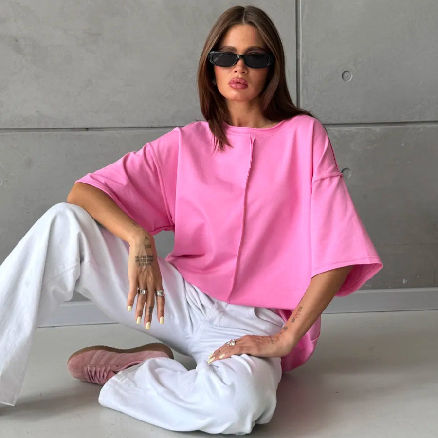 Womens Loose Fit Cotton T Shirt Distressed Short Sleeve Color Block Design Spring Summer Casual Wear Wholesale