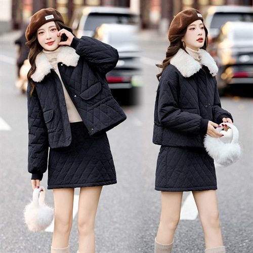 Retro Quilted down Jacket Suit Skirt for Women 2025 Winter New Style Super Nice Elegant Fur Collar Waist Two-Piece Set