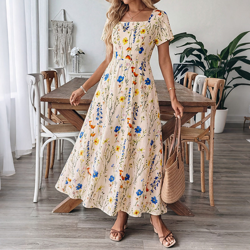 Floral Print Square Neck Short Sleeve Dress French Vacation Style Summer Collection Wholesale Available