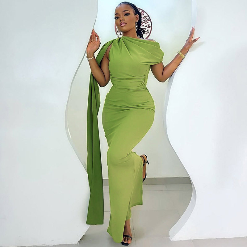 Elegant Womens Midi Dress Slim Fit Ruffled Asymmetrical Neckline Solid Color Tie Detail Perfect for Formal