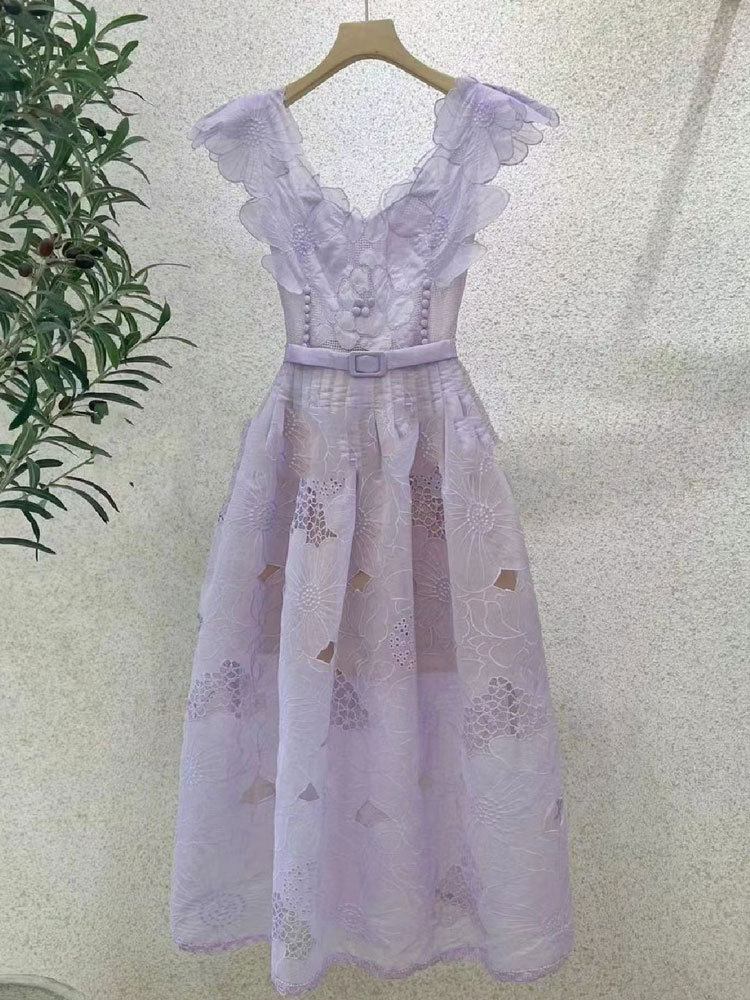 Đầm maxi nữ thắt eo cổ chữ V tay loe họa tiết thêu 3D — Hồng mặt, Mơ chi tiết 5