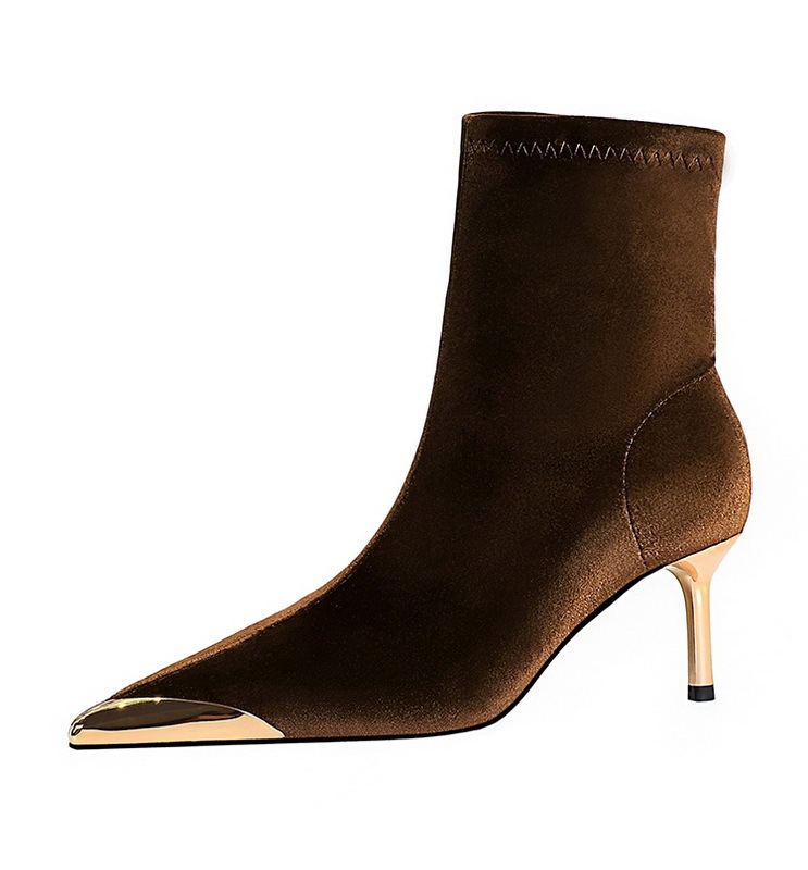 Boot nữ cổ thấp mũi nhọn nhung nhung gót vừa phong cách thanh lịch — 319-10 đen 8cm, 319-A10 đen 5cm, 319-A10 Màu nâu sẫm 5cm, Màu nâu sẫm 319-10 8cm