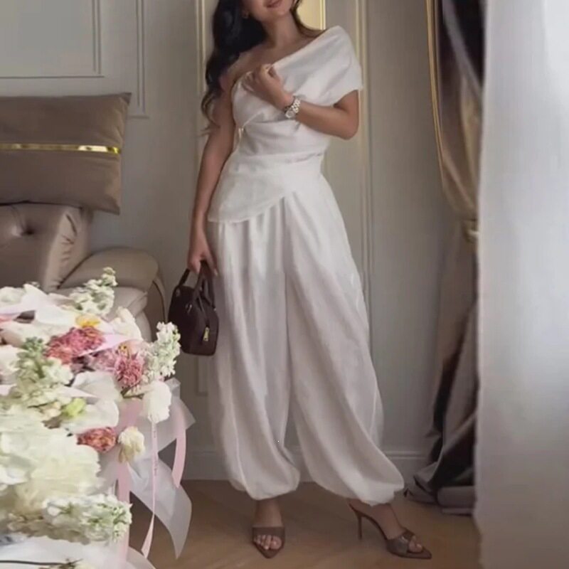 Womens Summer Two Piece Set Solid Color Asymmetrical Shoulder Casual Style Perfect for Work or Leisure Wholesale