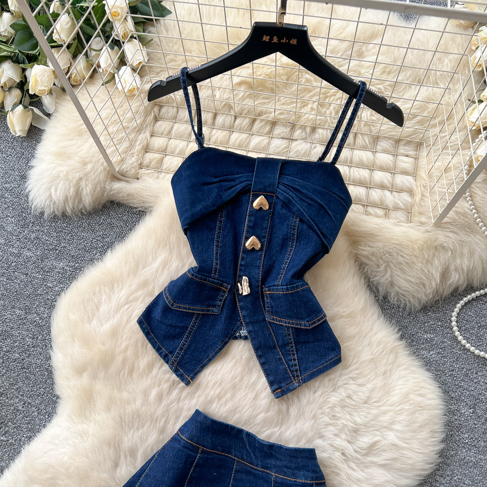 Summer Womens Denim Set Sleeveless Top High Waisted Skirt Casual Chic Style Wholesale Available