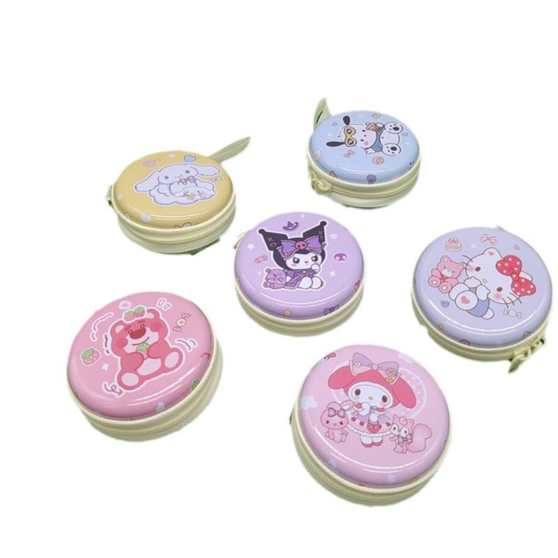Sanrio Cartoon Cute Tinplate Coin Purse Cute Creative Round Square Mini Zipper Cosmetics Bag Gift