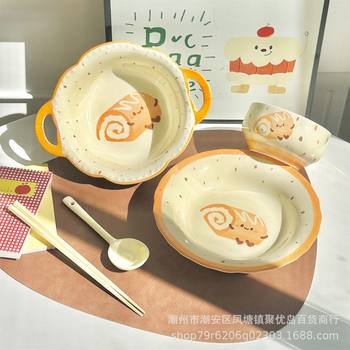 Towel Roll One-Person Food Bowl and Plate Set Cute Ceramic Rice Bowl Large Noodle Bowl Tableware Personal Use High-Value Cartoon