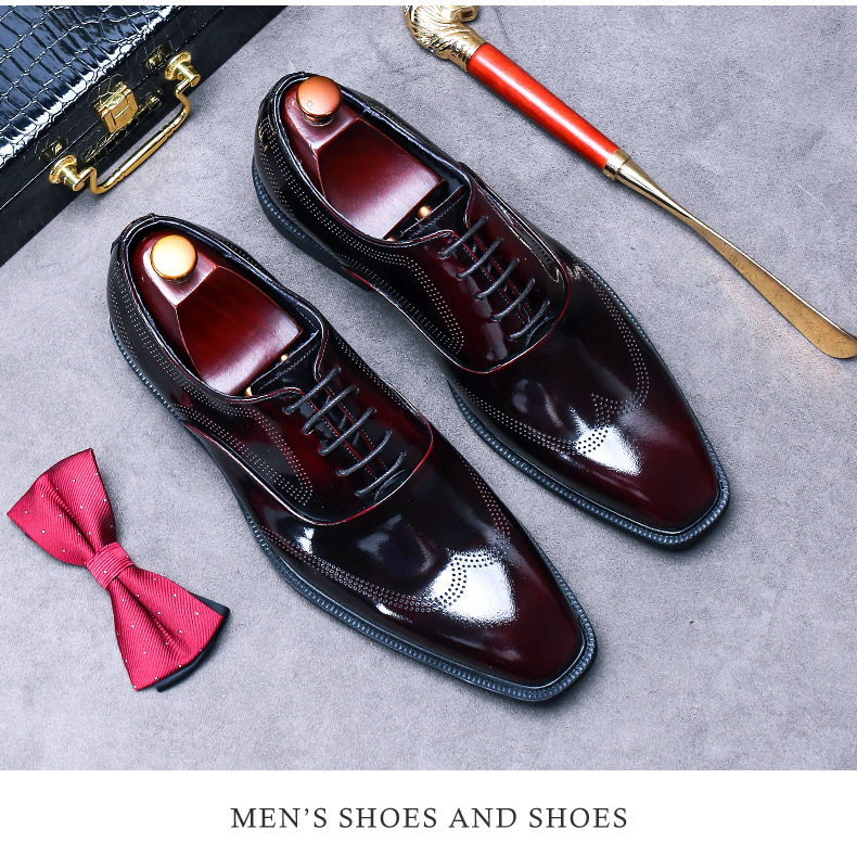 Giày Oxford nam da bò bóng buộc dây kiểu Anh công sở — Màu đen, Màu đỏ rượu