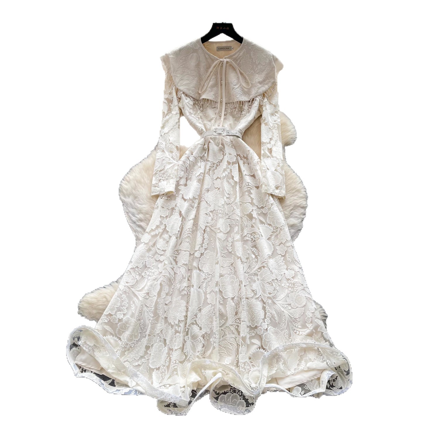 French Court Style Lace Long Sleeve Dress High Waist Tie Waist A Line Silhouette Elegant for Autumn Wholesale