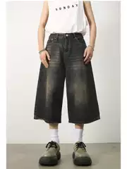 Wide-leg 7-point Jeans Summer Loose Profile Washed Vintage Dressed Seven-point Straight American Style Denim Shorts for Men