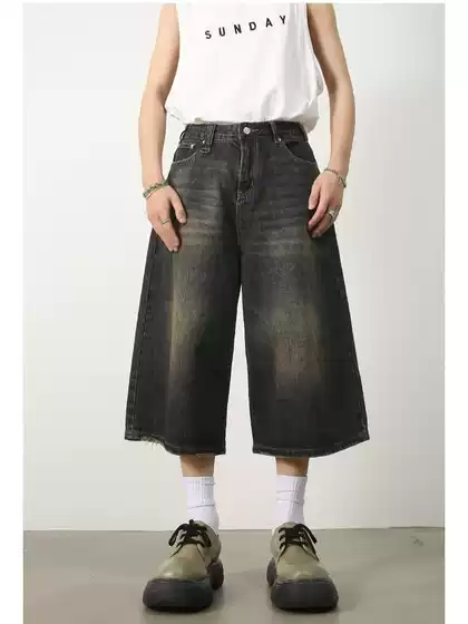 Wide-leg 7-point Jeans Summer Loose Profile Washed Vintage Dressed Seven-point Straight American Style Denim Shorts for Men