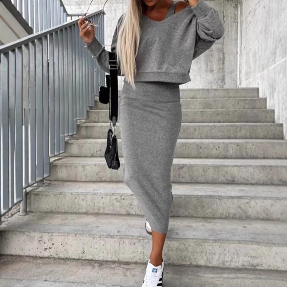 Womens Two Piece Set V Neck Sweater and Knit Dress Autumn and Winter Fashion Wholesale Available