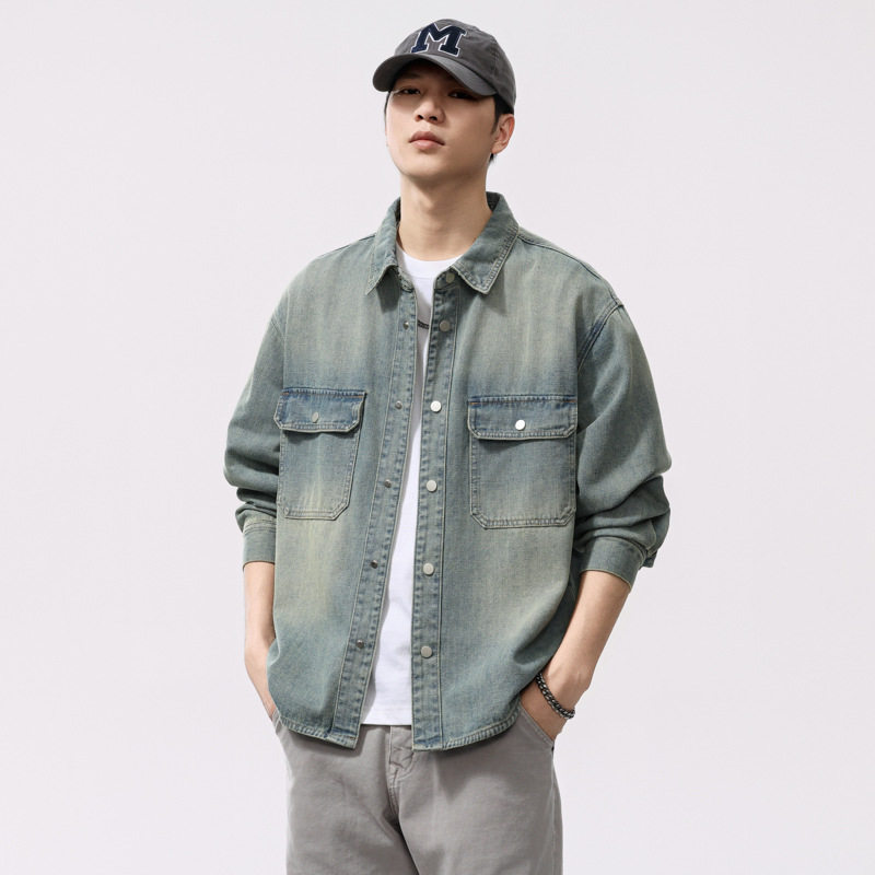 Áo Sơ Mi/Áo Khoác Jean Nam Cổ Bẻ Tay Dài Phong Cách Retro Màu Xanh Jean