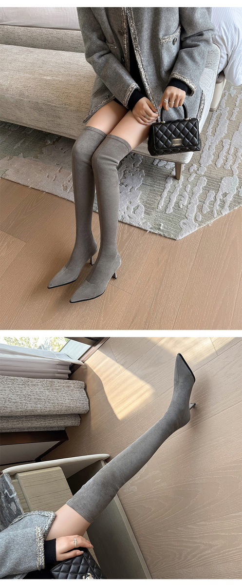 Boot nữ cổ cao qua gối mũi nhọn gót nhỏ chất liệu da lộn co giãn — Lớp lót đơn màu kaki, Lớp lót đơn màu xám, Lớp lót nhung đen, Lớp lót nhung kaki
