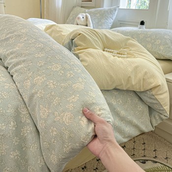 Class a Fresh Style Washed Cotton Double-Layer Yarn Four-Piece Set Pure Cotton for Sleeping Naked Student Dormitory 1.2 Fitted Sheet Duvet Cover Three-Piece Set