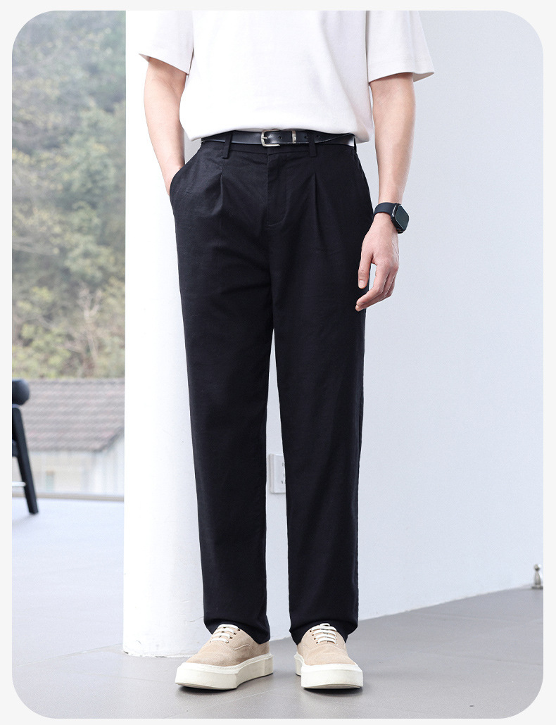 Quần dài nam vải tencel cotton lanh ống đứng co giãn lưng thun thoáng mát — màu đen, Xanh tím than, Màu trắng, Màu kaki