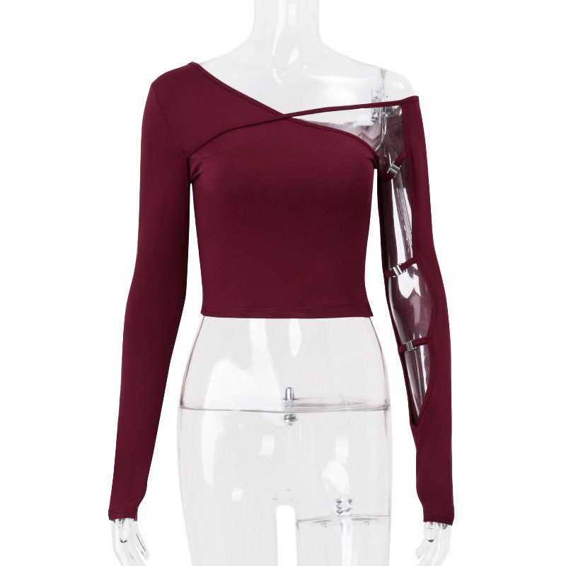 Womens Long Sleeve T Shirt Sexy Irregular Asymmetrical Neckline Hollow Out Design Slim Fit Autumn Fashion