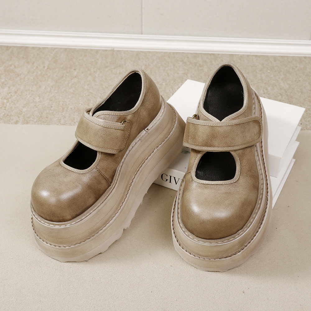 Giày Mary Jane nữ da bò thật đế dày 7cm quai ngang dán tiện lợi — Màu đen, Màu kaki