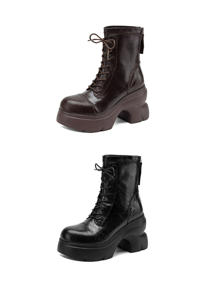 Boot nữ cổ thấp gót 10cm đế dày co giãn khóa kéo sau — Bảng màu nâu, Màu đen bên trong, Màu nâu., Trong danh sách đen