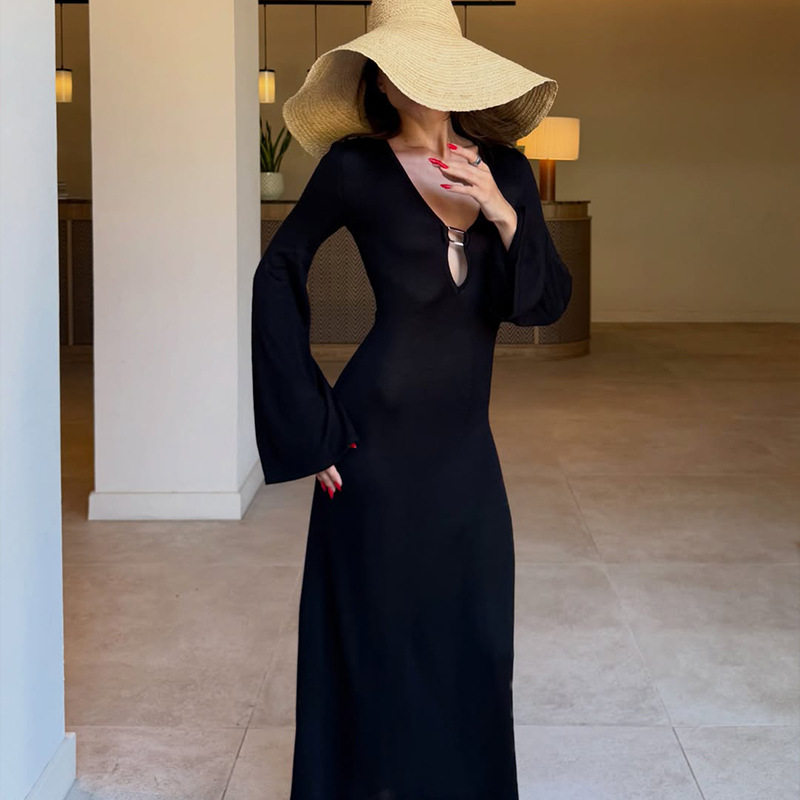 Long Sleeve Deep V Neck Dress Hollow Out Design Tie Waist Elegant Style Autumn Winter Fashion Wholesale Available