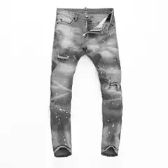 European and American High Street Fashion Jeans for Men with Holes, Retro Gray Washed Paint Patches, Trendy Brand Slim Fit Pants for Men
