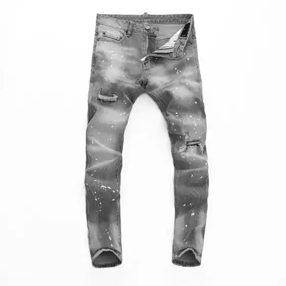 European and American High Street Fashion Jeans for Men with Holes, Retro Gray Washed Paint Patches, Trendy Brand Slim Fit Pants for Men