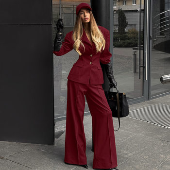 Autumn and Winter Retro Burgundy Small Suit Top and Pants Two-Piece Set for Women, Slimming and Elegant Commuter Suit