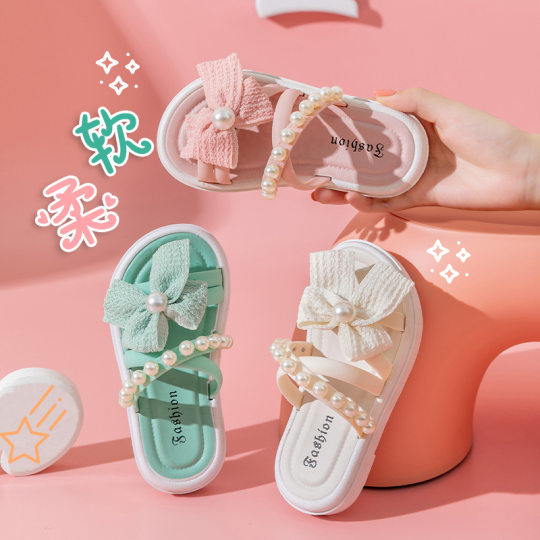Girls' outdoor slippers children's shoes 2024 Summer new children's sandals fashion butterfly knot beach comfortable soft bottom sandals