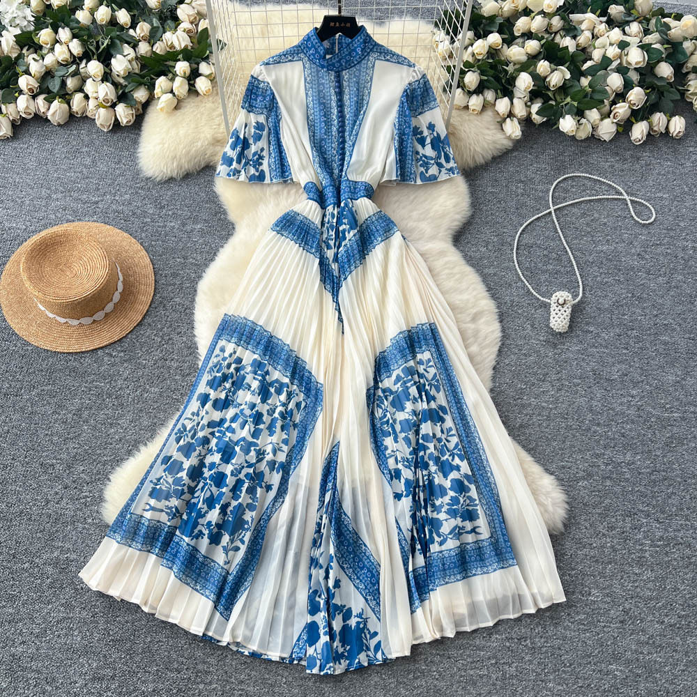 French Style Floral Maxi Dress for Women with Pleated Design and Stand Collar Available in Multiple Colors and Sizes