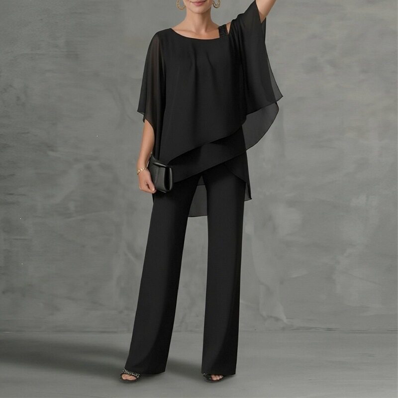 Womens Summer Outfit Set Stylish Solid Color Asymmetrical Neckline Batwing Sleeve Straight Pants Casual Wear