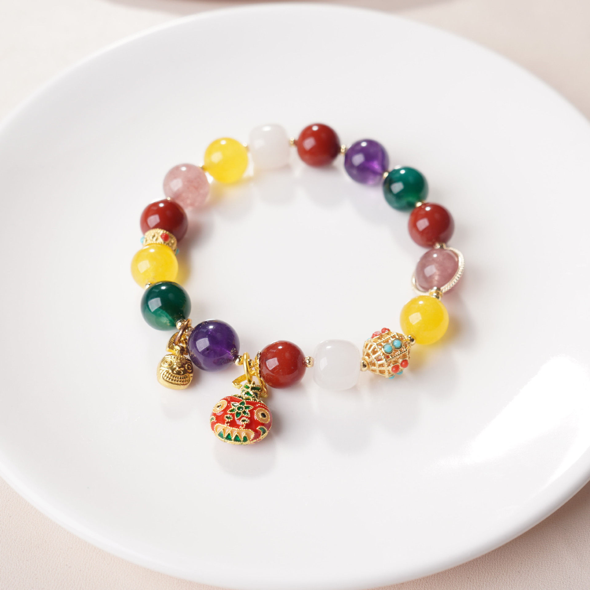 Temple-Style Beaded Multi-Treasure Gold-Swallowing Beast Bracelet with Red Agate and Smoky Quartz Handmade Beads for Attracting Wealth, Wholesale