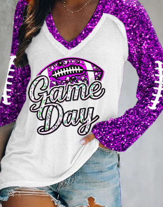 外贸跨境夏季女装简约休闲v领长袖T恤印花T恤女 独立站厂家货源