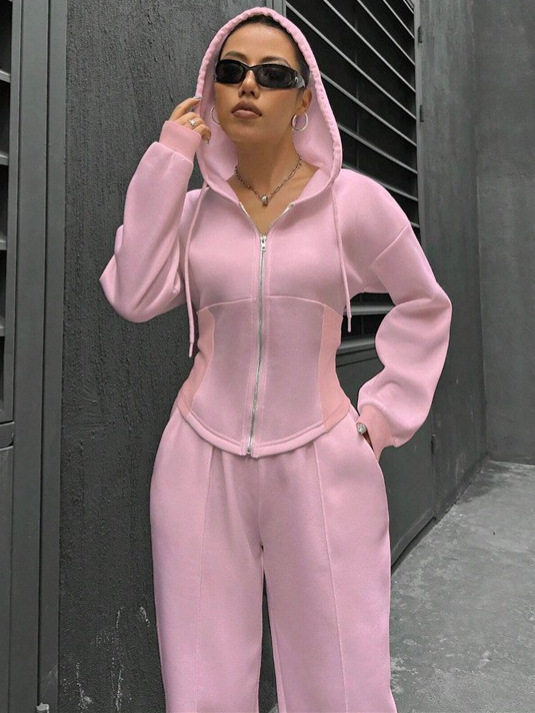 European and American Amazon Cross-Border Independent Station 2025 Autumn and Winter Fleece Hooded Cardigan Slim Sweatshirt Wide-Leg Pants Two-Piece Set