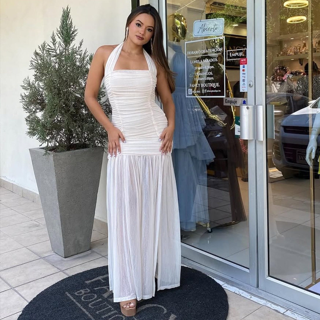 Womens Fashion Backless Ruched Layered Dress Stylish Halter Neck Slim Fit Elegant Design Perfect for Autumn Events
