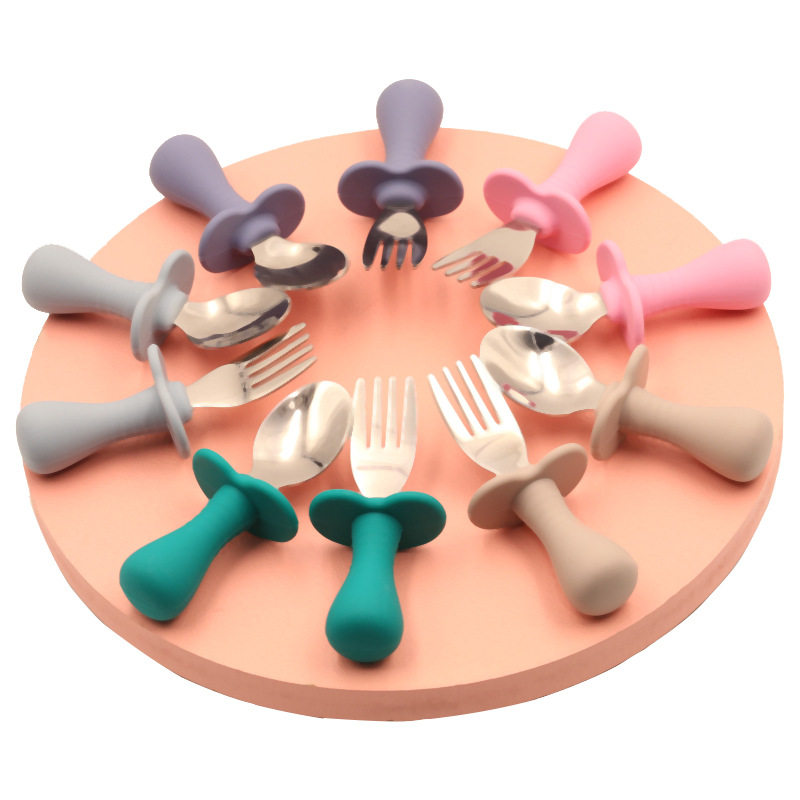 Baby Silicone Fork Spoon Children's Stainless Steel Training Short Fork Spoon Children's Tableware Set Portable Short Handle Fork Spoon
