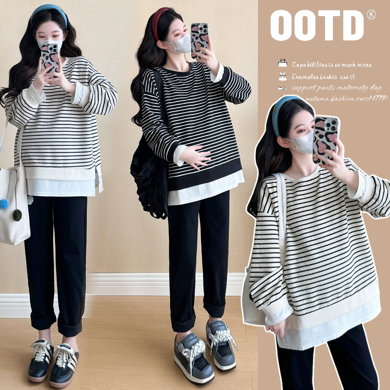 2024 New Pregnant Women's Top Autumn and Winter Thickened Fake Two-piece Stripe Stitching Loose Casual T Sweater/Velvet Sweater