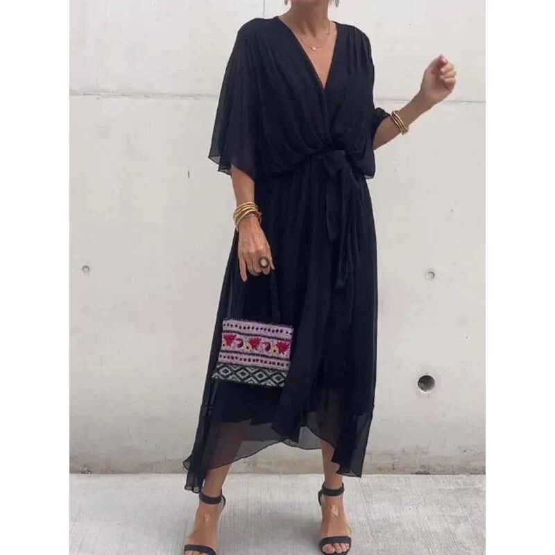 Batwing Sleeve Irregular Maxi Dress Solid Color Plus Size Elegant Design Perfect for Casual or Formal Occasions