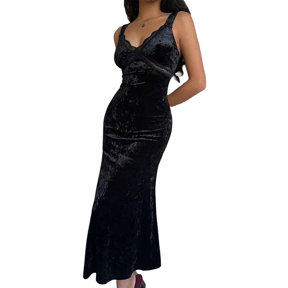 French Romantic Velvet Lace V Neck Sleeveless Mermaid Dress Bodycon Fit Elegant Design Perfect for Evening Events OEM